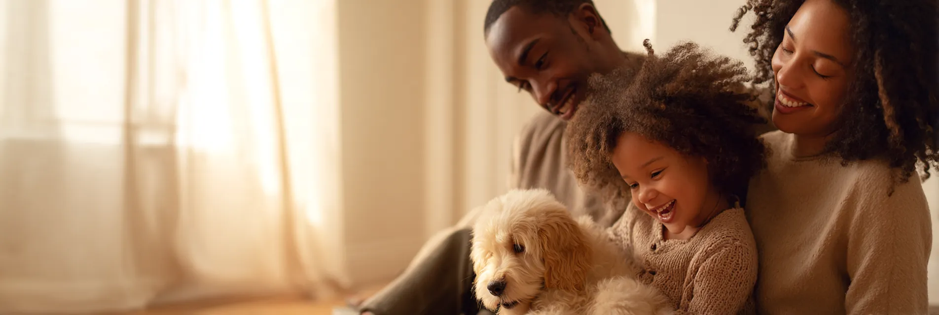 A family laughing with their new goldendoodle puppy at home