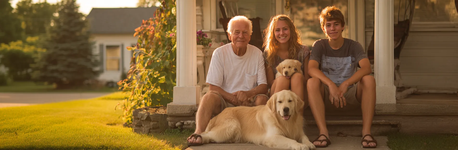 A grandfather and his grandchildren on the front porch with their golden retrievers