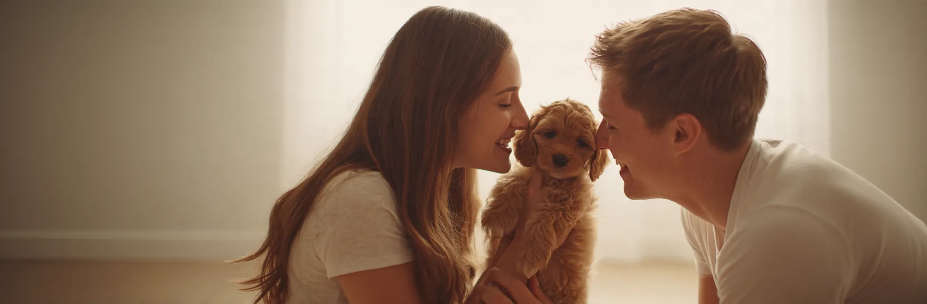 A couple meeting their new cavapoo puppy nose to nose