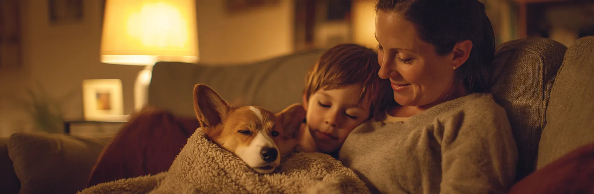 A mother and son cuddling a sleepy corgi puppy on the sofa