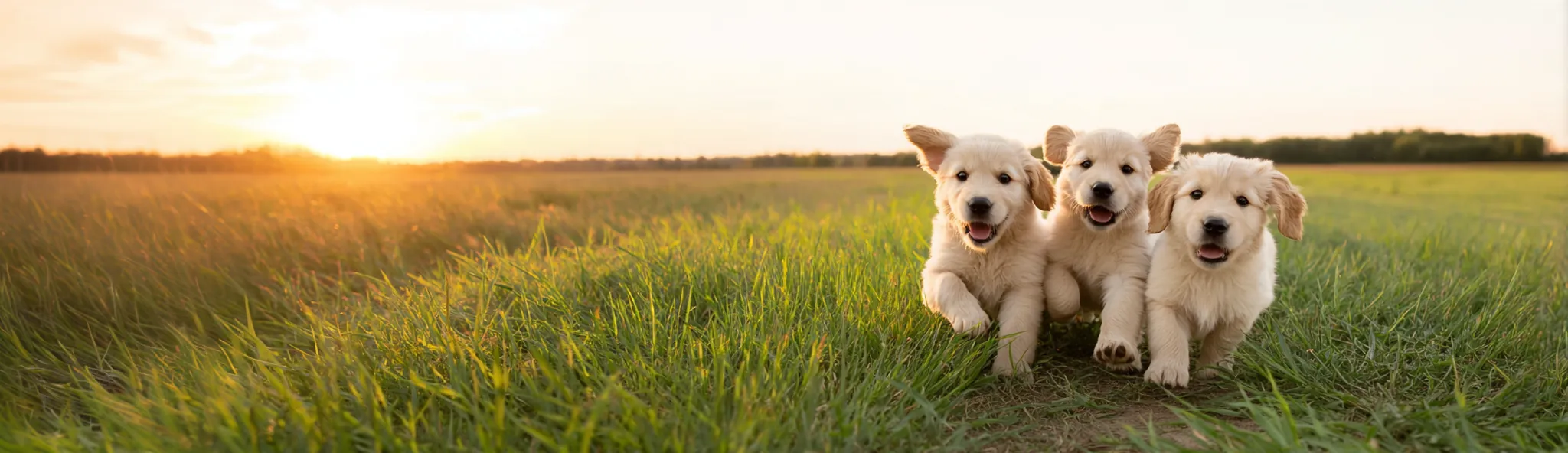 Golden retriever puppies running through a green meadow